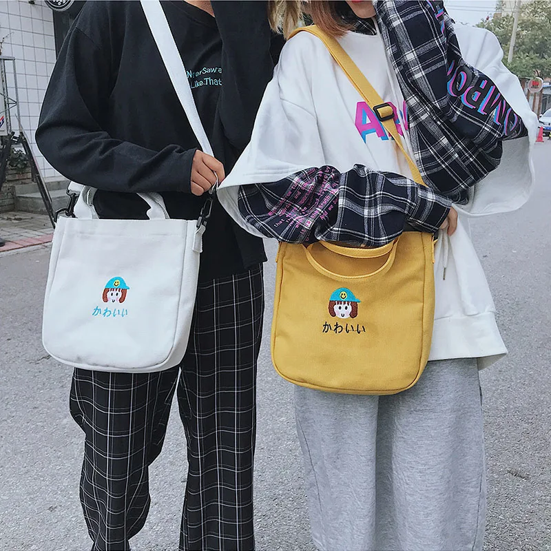 

Girl Cute Embroidered Canvas Bags Cartoon Student single shoulder Bag messenger bag fashion women handbags