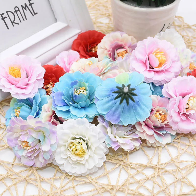 10pcs 5cm Artificial Silk Rose Flower Heads Pearl Stamen Pistil Flowers for Wedding Decoration Scrapbooking DIY Gift Box Rosette