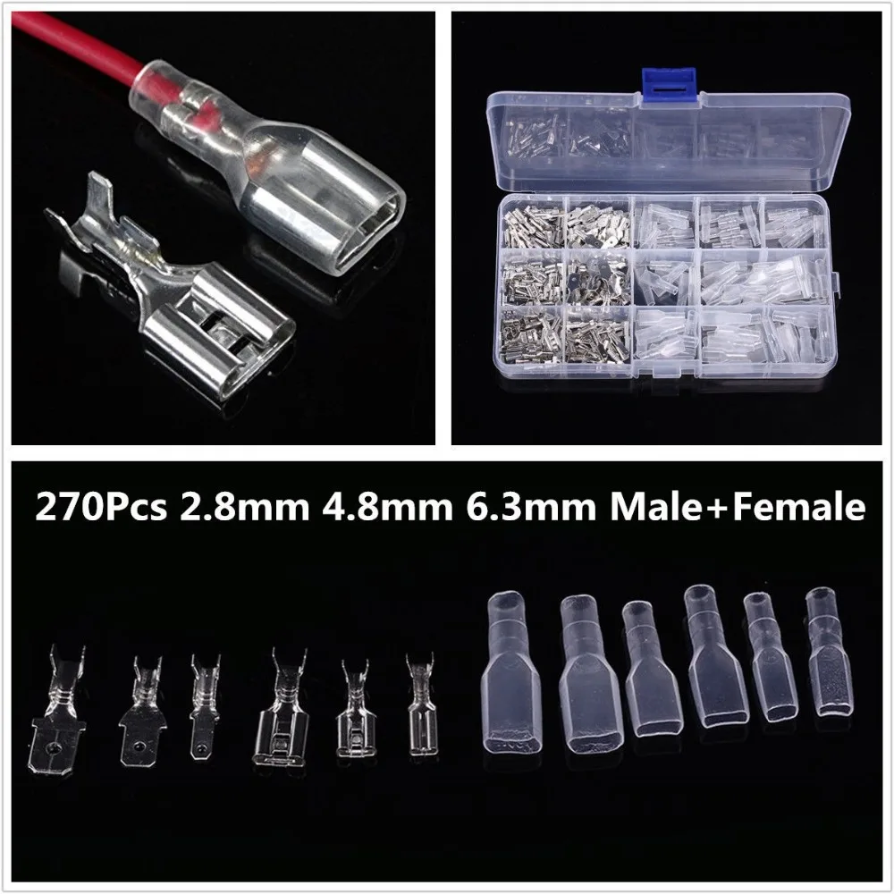 

270pcs Male Female Spade Connector Wire Crimp Terminal Block with Insulating Sleeve Assortment Kit 2.8mm 4.8mm 6.3mm