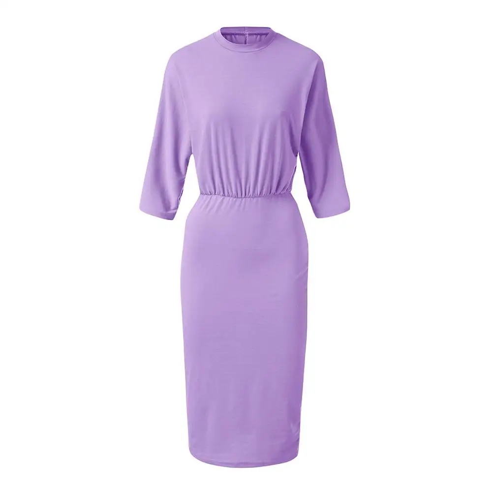 Женское Повседневное платье с круглым вырезом и рукавом 3/4 размера плюс 5XL, однотонное облегающее платье для девушек, деловые платья - Цвет: Фиолетовый