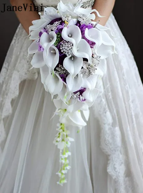 JaneVini водопад свадебные букеты с кристаллами белая Калла Лилия жемчуг бисером Искусственный Свадебный букеты flor novio