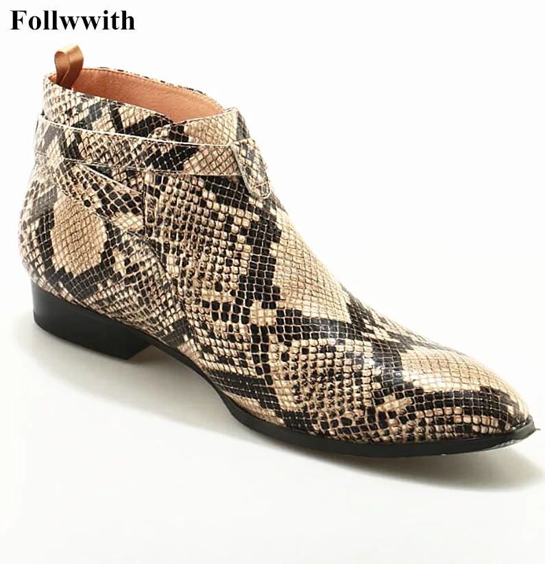 

Newest Spring Bota Masculina Autumn Leather Men Shoes Low Heel Ankle Boots Buckle Strappy Snakeskin Embossed Men Boots