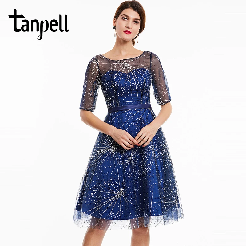 Tanpell scoop perlé robe de cocktail bleu royal foncé moitié manches longueur au genou une ligne