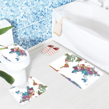 

3pcs Bath Mat Set Watercolor World Map Pattern Bathroom Mat Non Slip Bathroom Rug and Toilet Mat Sets