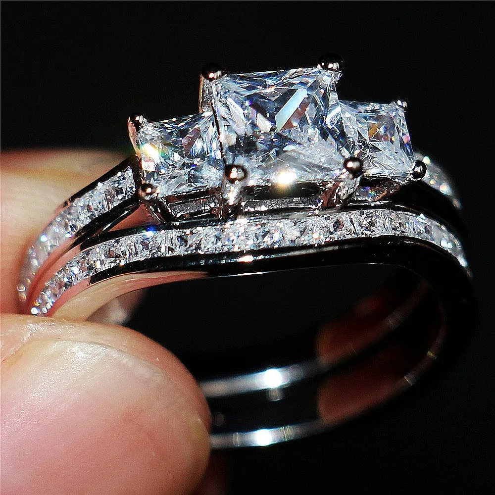 choucong Women's Fashion Square Three-stone 5a Zircon Ring Set Lady 10KT White gold filled Wedding Bride Band Jewelry Size 5-10