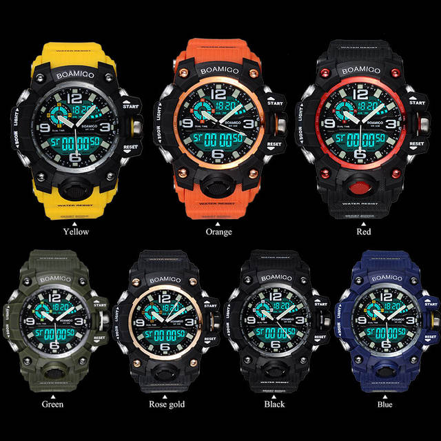 Men Sports Watches BOAMIGO Brand Digital LED Orange Shock Swim Quartz Rubber Wristwatches Waterproof Clock Relogio Masculino
