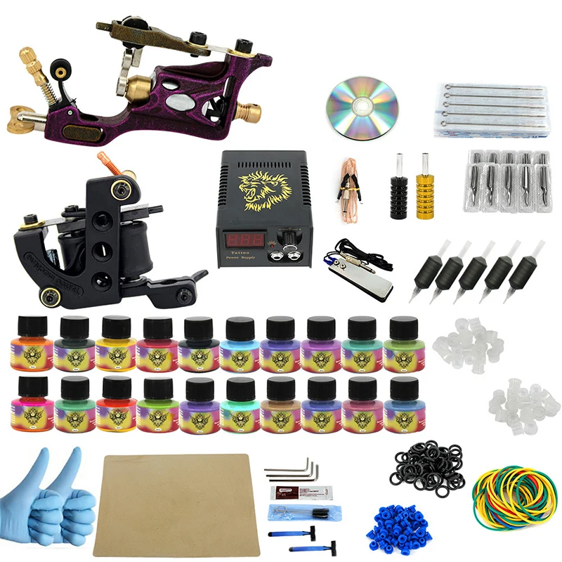 

Complete profession Rotary Tattoo kits 10 wrap coils 2 guns machine 20 Rotary Tattoo ink set power supply disposable needle