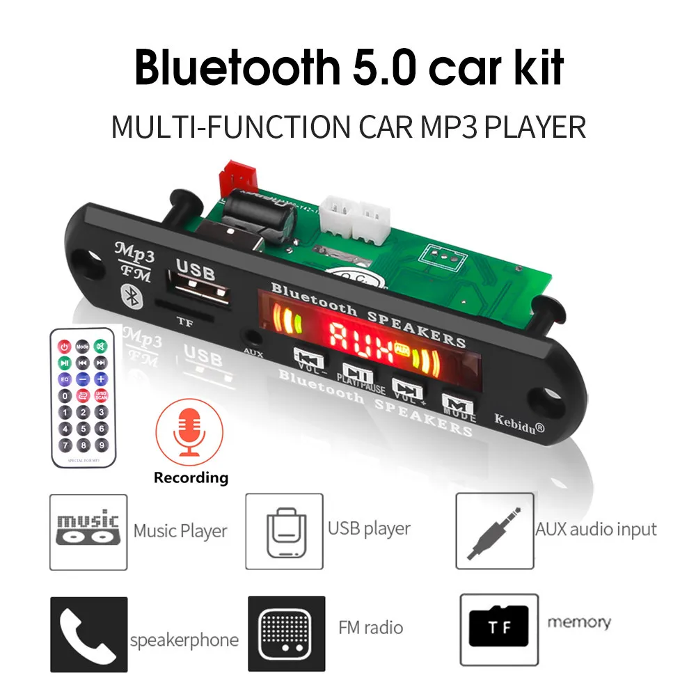 Громкая связь Запись 12 В USB FM Aux MP3 декодер плата модуль радио плеер Автомобильный
