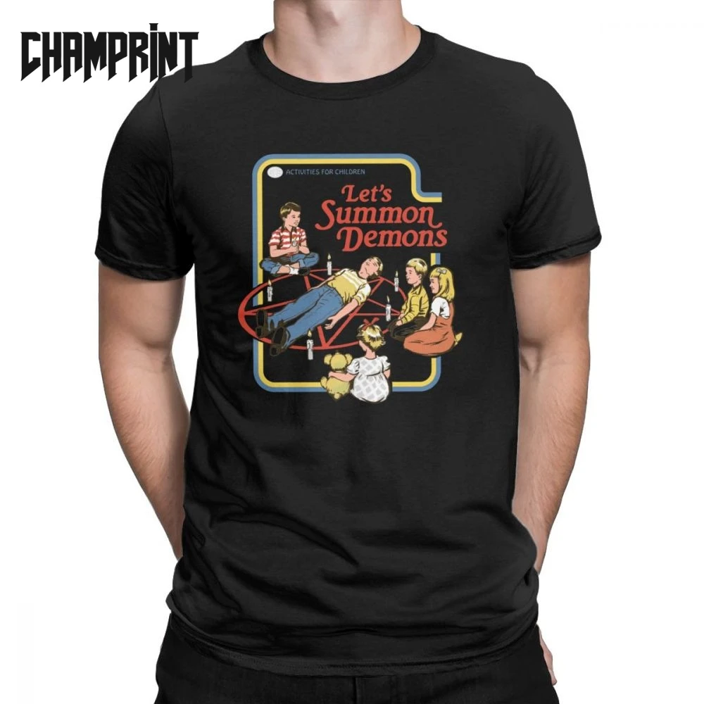 

Let's Summon Demons T Shirt Men's Cotton Vintage T-Shirt Crewneck 70s 80s Ritual Occult Horror Parod Pentagram Tees Clothing