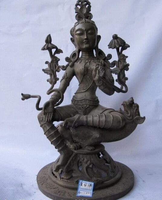 

Collectible bronze lion statue S0828 15"Tibet Folk Fane classical Pure bronze Green TaRa padma Guan Yin Buddha Statue (B0328)