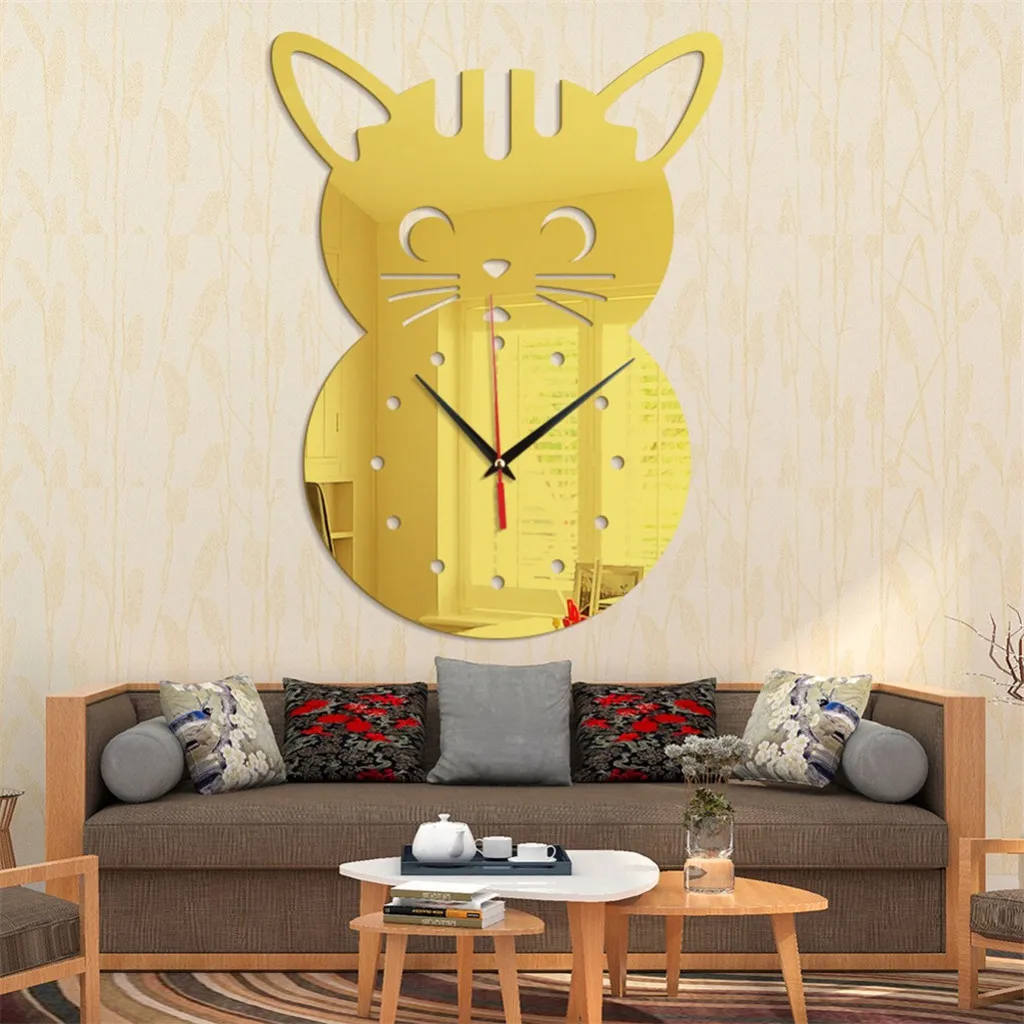 Divided design 3D Cartoon Cat Modeling Acrylic Mirror Wall Clock Home Decoration Wall Clock Home decoration accessories small