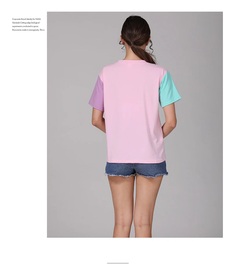 Летние Стильные Модные женские лоскутные футболки в стиле Харадзюку Kawaii повседневные хлопковые цветные топы в стиле пэчворк Kpop футболка Прямая