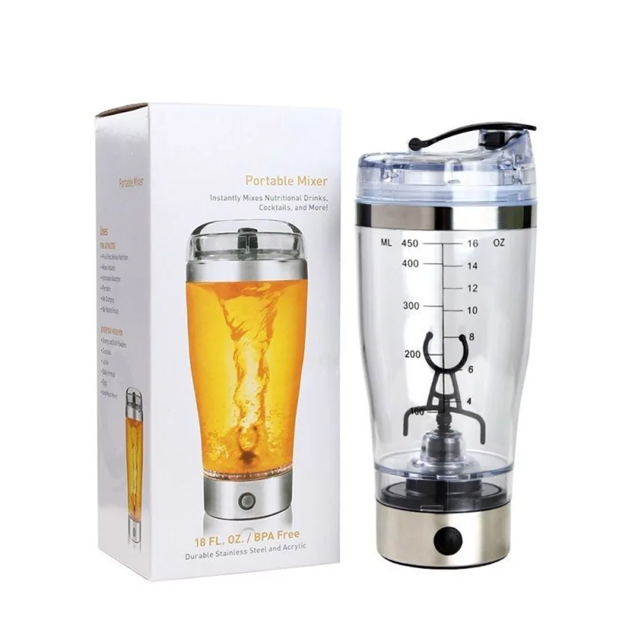 Mini 450 ml Shaker Blender Food Mixer Water Bottle Home Battery Stainless Steel Manual Push Milk