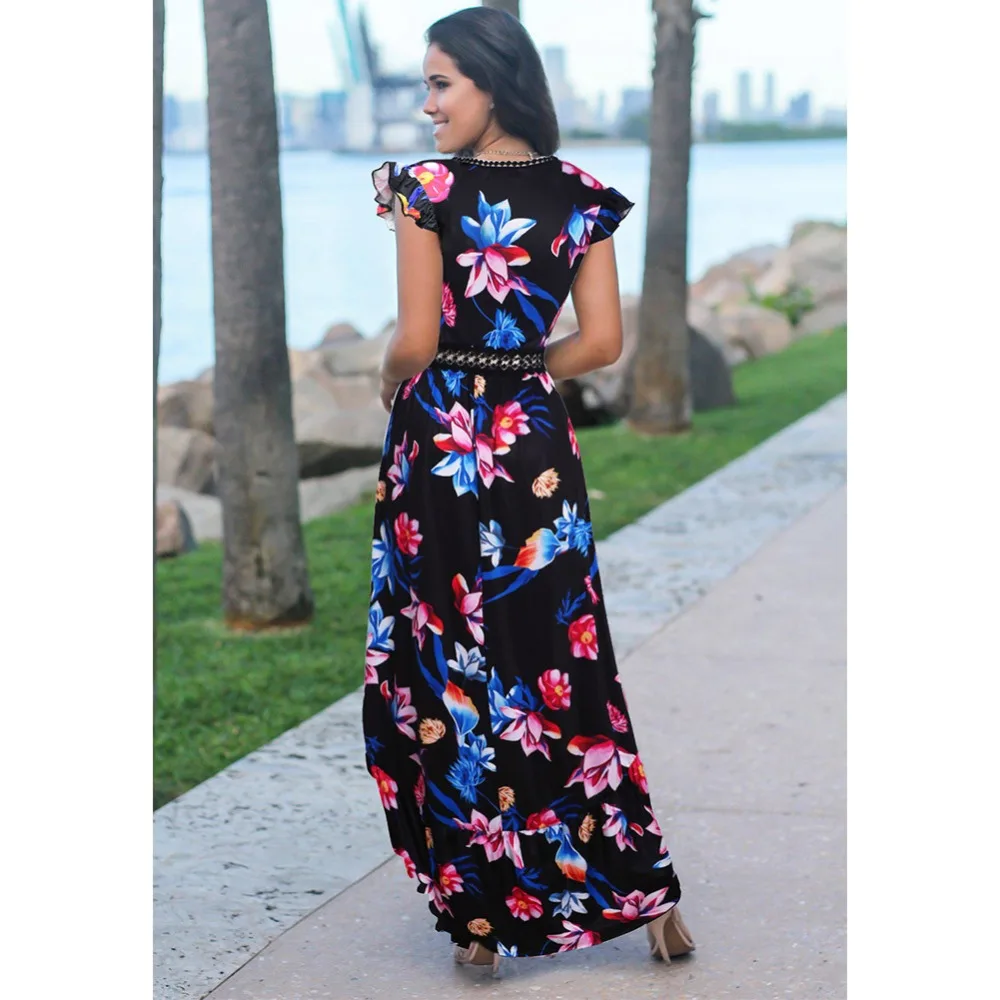 JSMY 2019 New Summer Fashion Women Petal Sleeve Lace Stitching V-neck Print Swallowtail Dress
