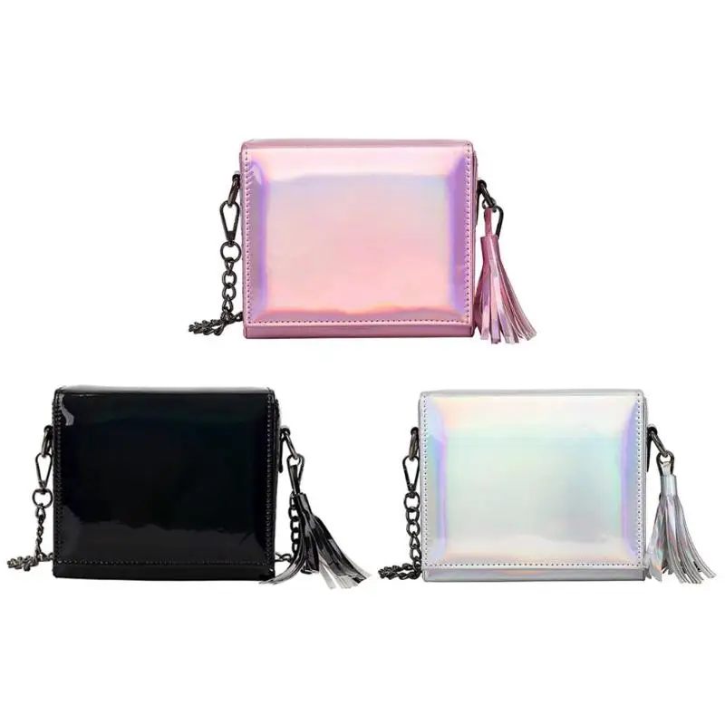 2019 New Hologram Laser Messenger Chain Bag Women Tassels Shoulder Crossbody Handbag Fashion Trend Wild Package Small Square Sac