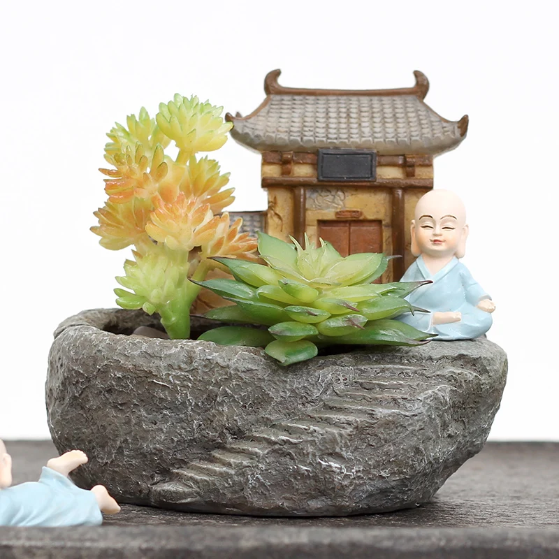 

1pc Buddhism Temple Resin Flowerpot Succulent Plants Planter Monk Flower Pot Home Garden FengShui Decoration Mini Bonsai Pots
