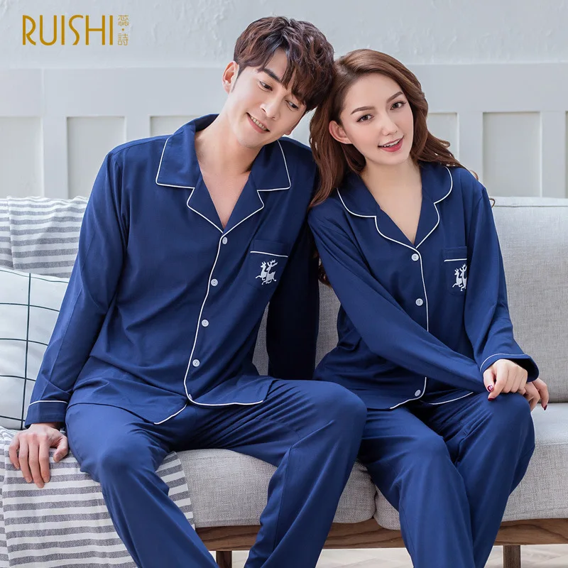 Новый комплект пижамы модал с длинными рукавами сплошной Цвет Для мужчин и Для женщин домашний костюм женская пижама для сна хлопковые
