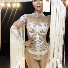 Обнаженная сексуальная кисточкой Боди Косплей Белый костюм наряд со стразами представление Женская сценическая одежда шоу вечерние Одежда для танцев