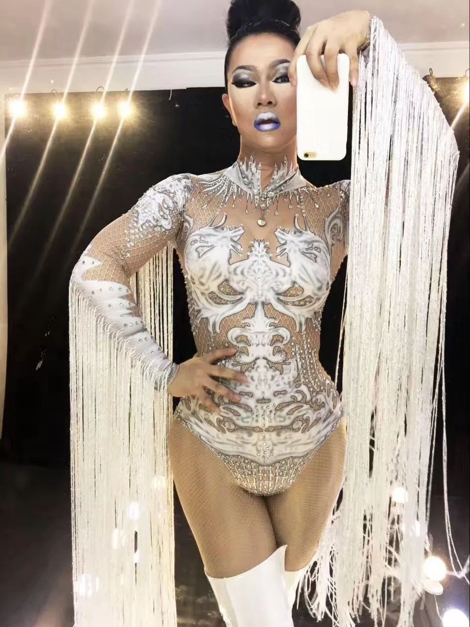 

Nude Sexy Tassel Bodysuit Cosplay White Costume Rhinestones Outfit Performance Women's Stage Clothing Show Party Dance Wear