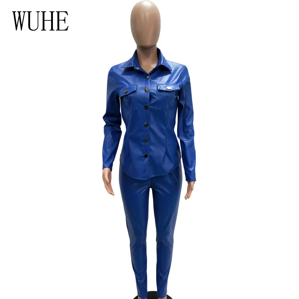 WUHE Plus Size S-XXXL Two Pieces Sets PU Leather Shirt+ Pant Rompers Womens Jumpsuit Solid Turn Down Collar Overalls Bodysuit