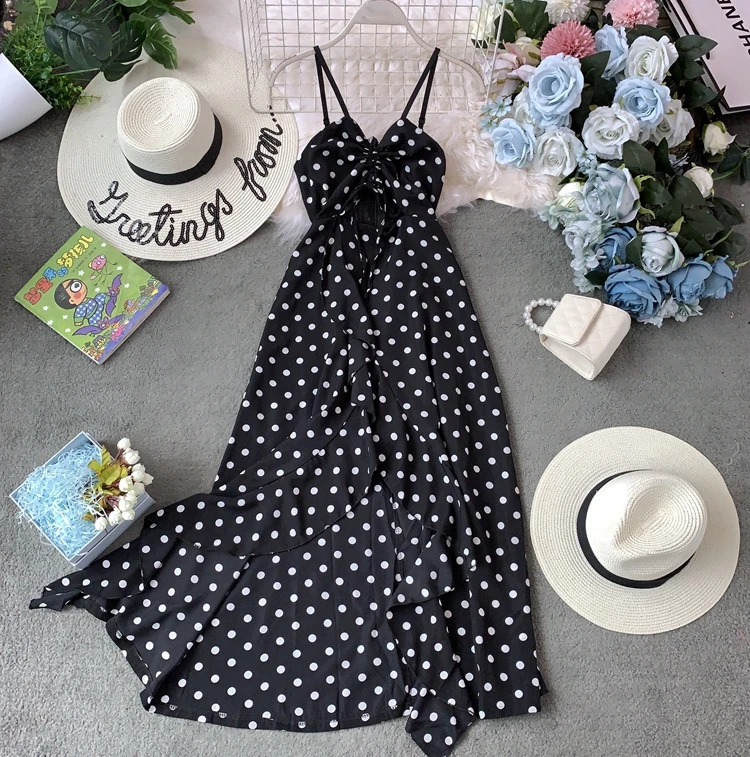 Женское пляжное платье в горошек Boho черное или белое средней длины с