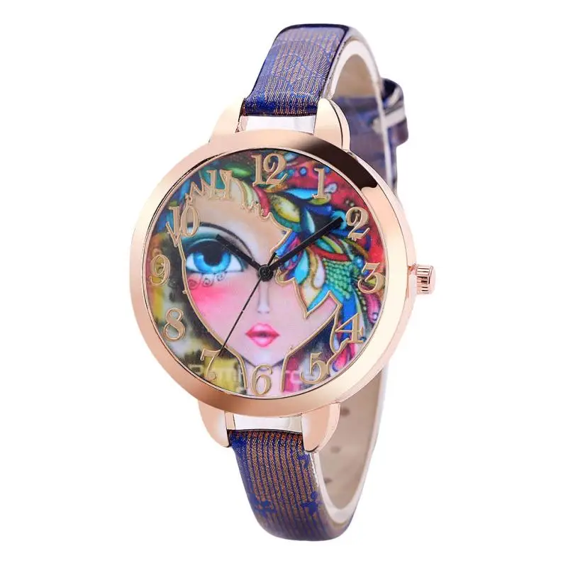 Elegant Women Watches Nice Girls Pattern Tiny Leather Band Analog Quartz Round Wrist Watch