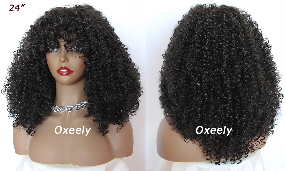 Oxeely АФО курчавые кучерявые парики Шелковый Топ синтетический Парики Для женщин с челкой натуральный черный Цвет машина сделала высокой плотности 18 cm