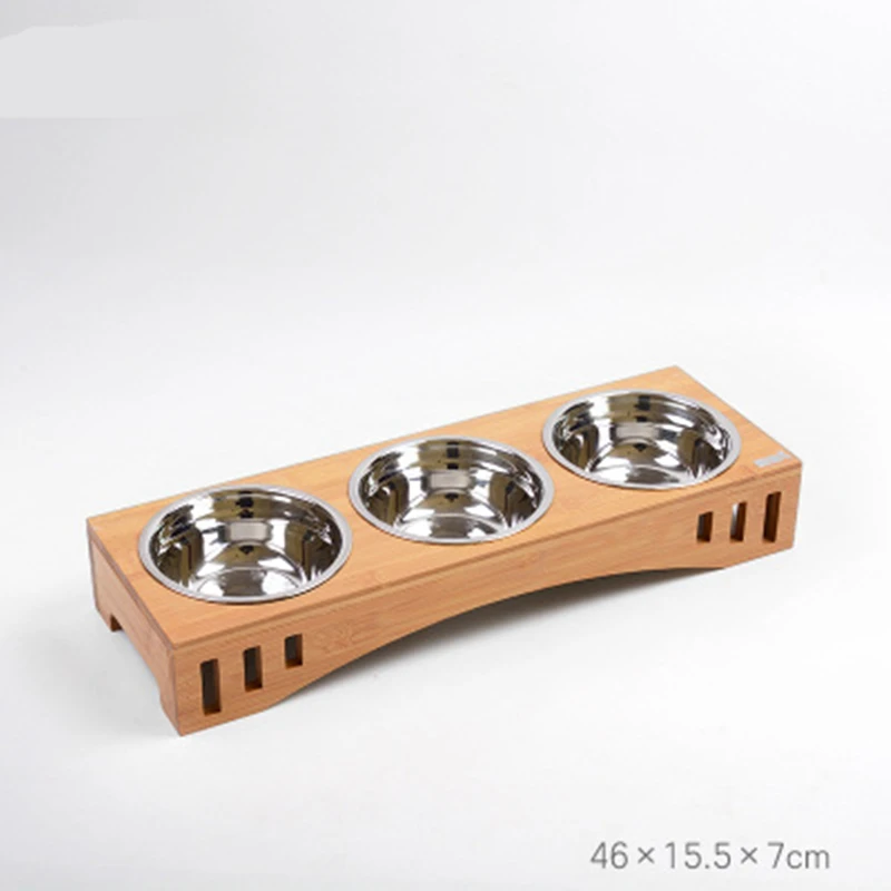 Миска для собак бамбуковый держатель кормушка для кошек керамическая двойная миски из нержавеющей стали Кормушка для щенка Съемная миска для домашних животных - Цвет: three bowl3