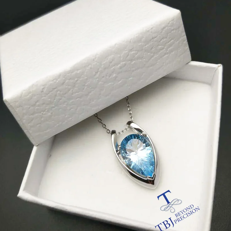 925 Sterling Silver V shape Pendant with nautral SKY BLUE topaz concave cut Gift box