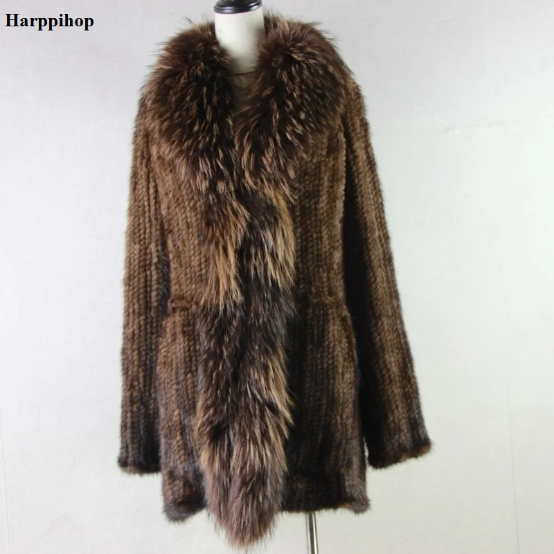 Women Genuine Knitted Mink Fur Jackets Coats Real Natural Furs Long