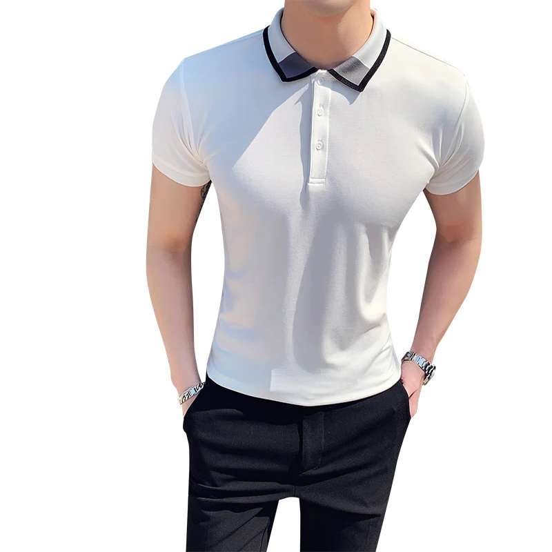 

2019 summer slim men's contrast color short-sleeved shirt gentleman British style fashion solid color casual POLO shirt