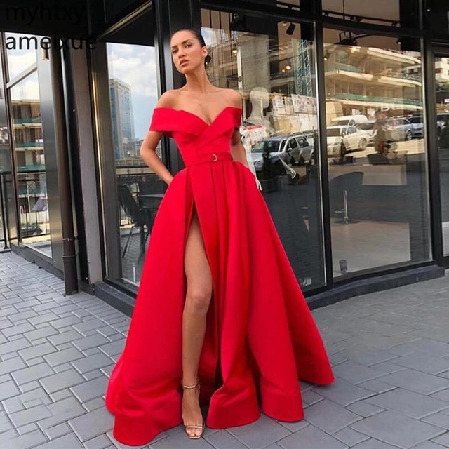 Custom Shoulder Sexy 2021 New Prom Dresses With Pockets Red Vestidos De Formal Women Front Split Satin Gowns Plus Size - Prom Dresses - AliExpress