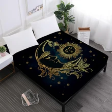 Golden Moon Star Print Bed Sheets Mandala Fitted Sheets King Queen Crown Print Sheet Black Soft