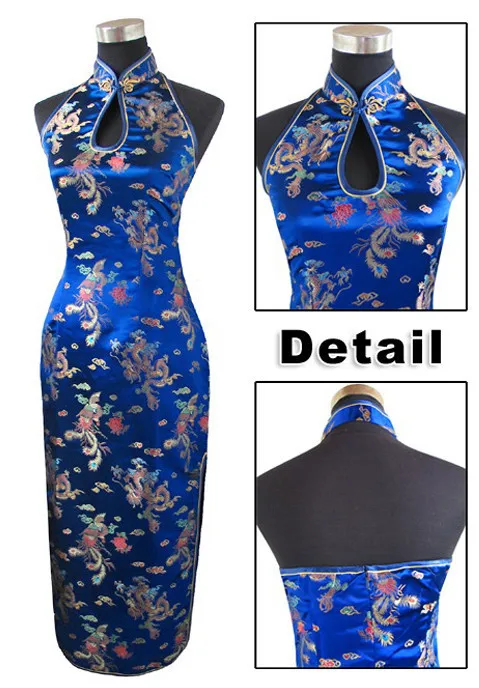 Navy Blue Traditional Chinese Women's Satin Halter Cheongsam Long Qipao Backless Dress Costume Clothing S M L XL XXL XXXL J3400