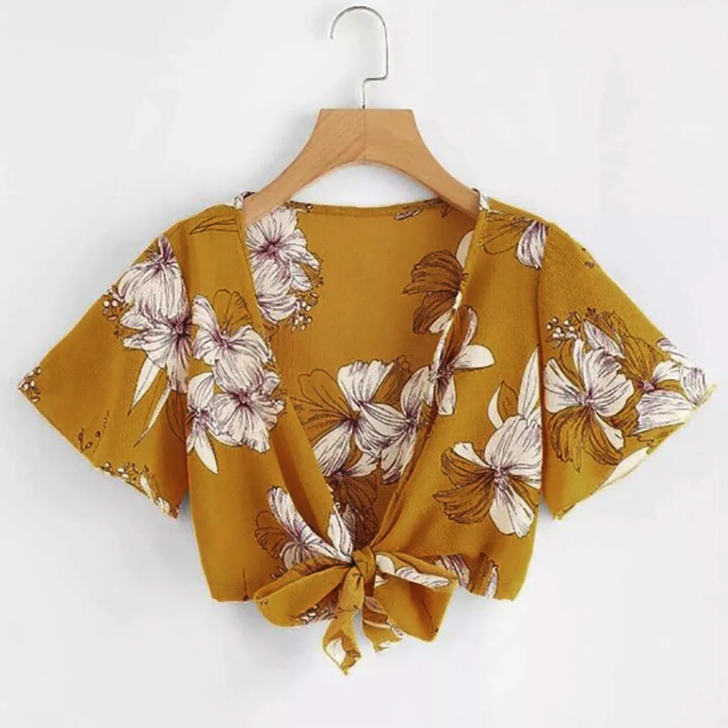 

Ladies Print Sexy Vest T-Shirt Top 2019 Women's Casual V-neck Fashion Short Sleeve Print Bow Shirt Top camiseta mujer verano