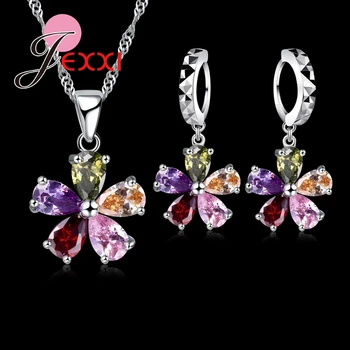 

925 Sterling Silver Five Petaled Flowers Shinning Colorful Crystal Pendant Jewelry Sets Gift Necklace Dangle/Hoop Earring Sets