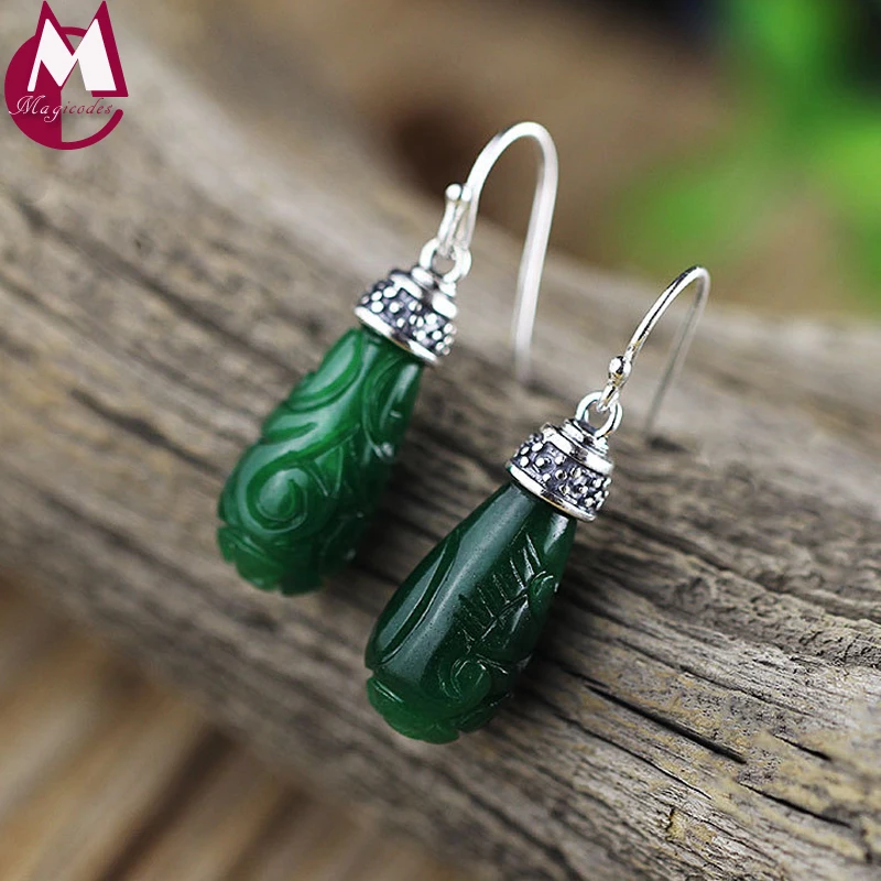 Luxury Green Jade Earrings With Stone Real 925 Sterling Silver Earring