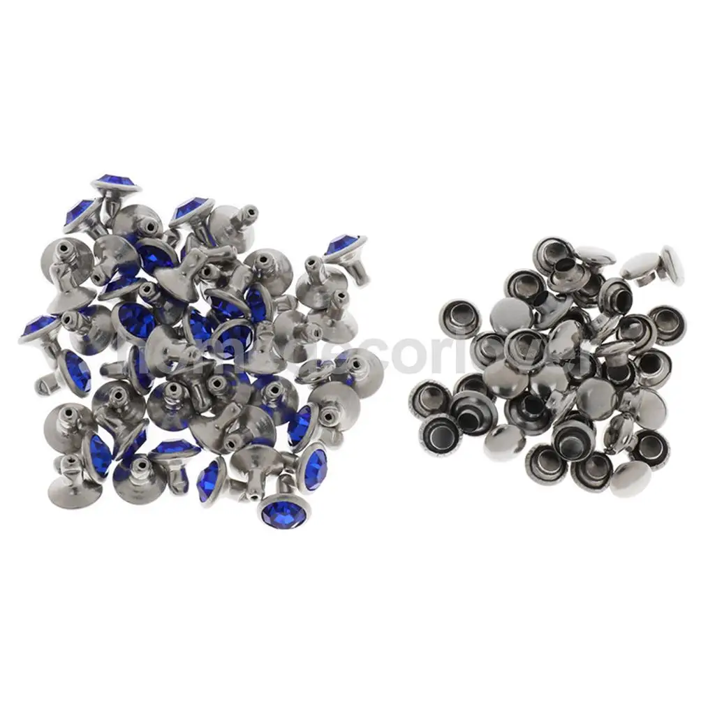50 Sets Blue Rhinestone Rivets Crystal  Rivets Spots Studs Double Cap for DIY Leather Craft Clothes Bag Shoes Decor