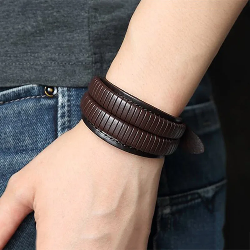 Double Layer Leather Bracelets For Men Fashion Wrist Wide Bangles Belt Buckle Vintage Punk