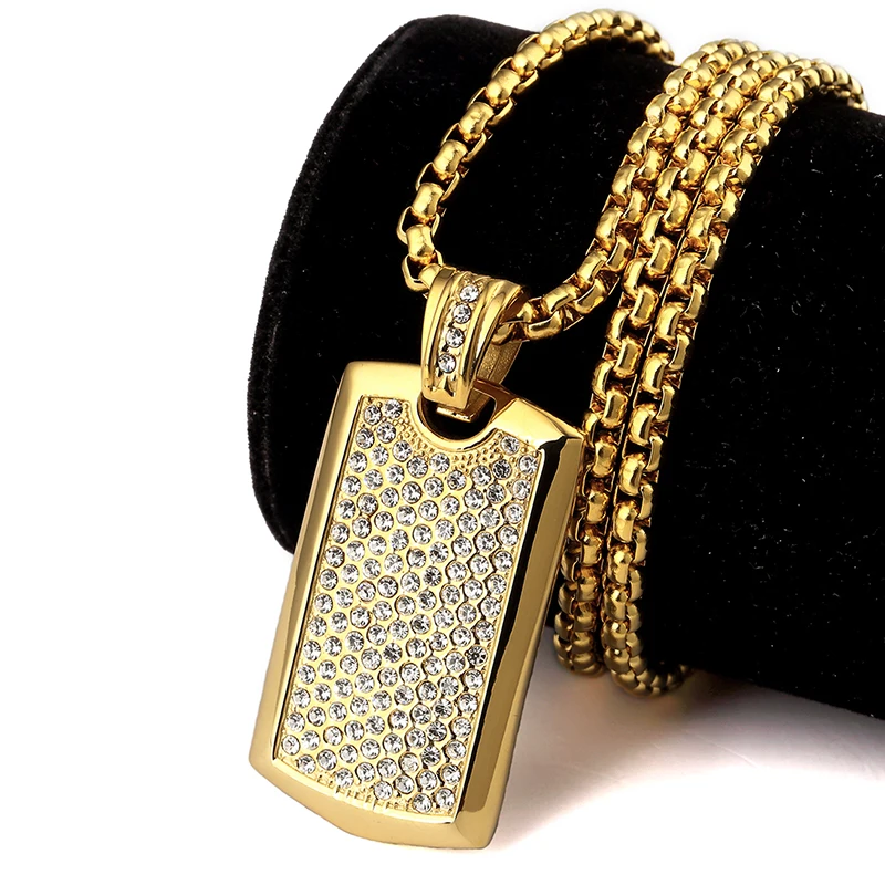 

NYUK Men's Jewelry Smooth Card Pendant With Rhinestone High Quality Fashion Hip Hop Men Dog Tag Charm Necklace For Gift