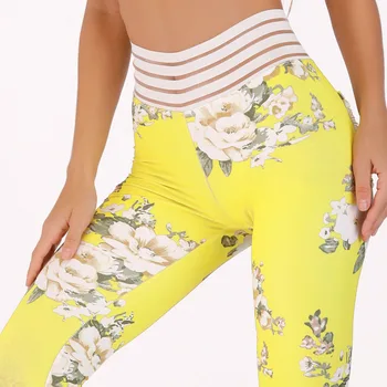 

Fashion Floral Print Booty Leggings Women Fitness Legging with Striped Waistband Ruched Back Pocket Workout Leggings Breathable