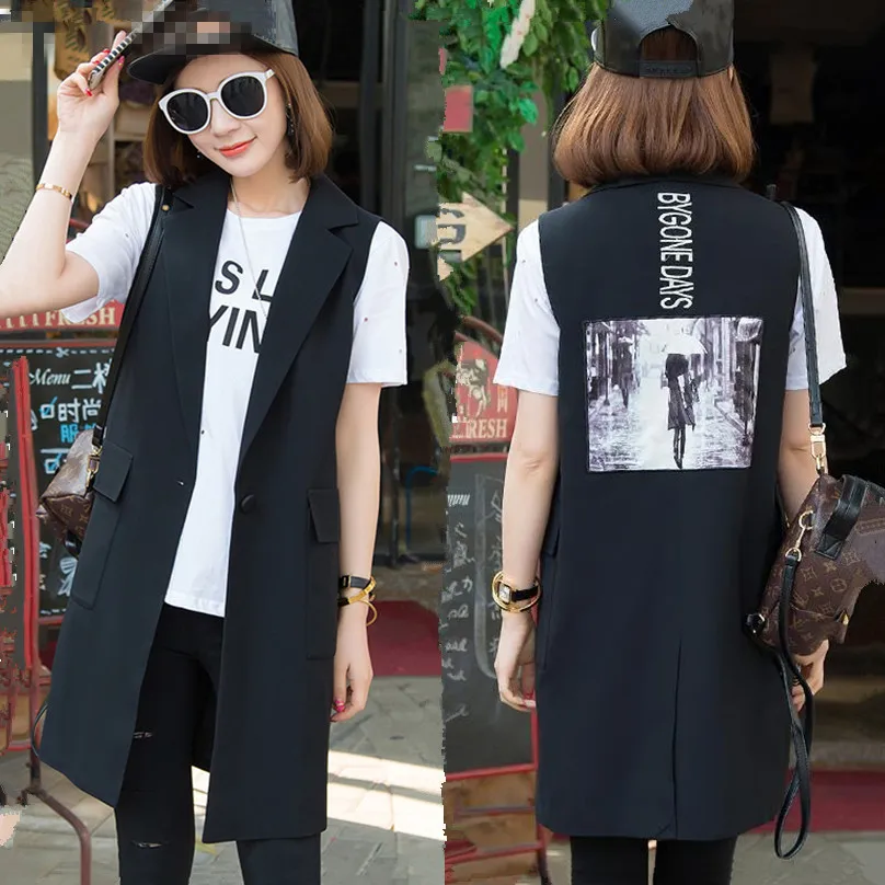 Back Printed Single Breasted Female Long Waistcoat Summer Black Slim