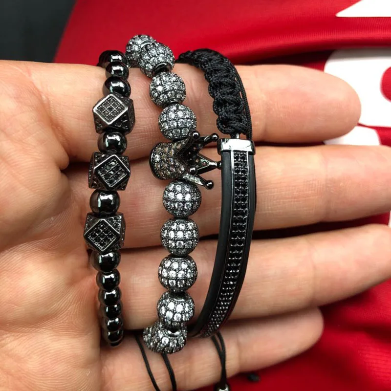 

3pcs/Set Luxury 6mm CZ ball Crown Charm Copper Bead Macrame Bracelets Men Handmade Long Tube Set Bracelets & Bangles For Women