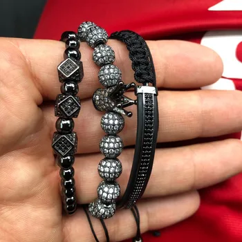 

3pcs/Set Luxury 6mm CZ ball Crown Charm Copper Bead Macrame Bracelets Men Handmade Long Tube Set Bracelets & Bangles For Women