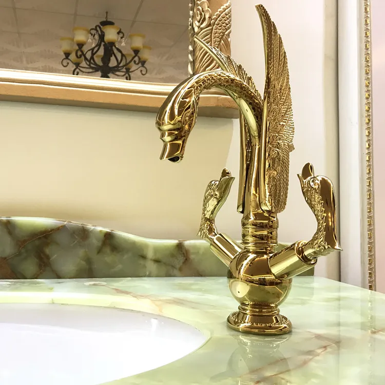 Роскошный Золотой твердой латуни Лебедь Ванная комната двойной ручки сосуд Раковина кран смесителя на бортике