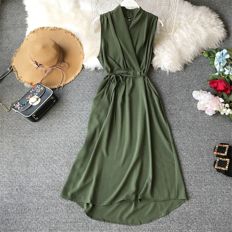 

Slim Solid 2019 V Neck Summer Chiffon Midi Long Dress Party Women Beach Tank Sundress Basic Dresses Casual Tie Elegant Vestidos