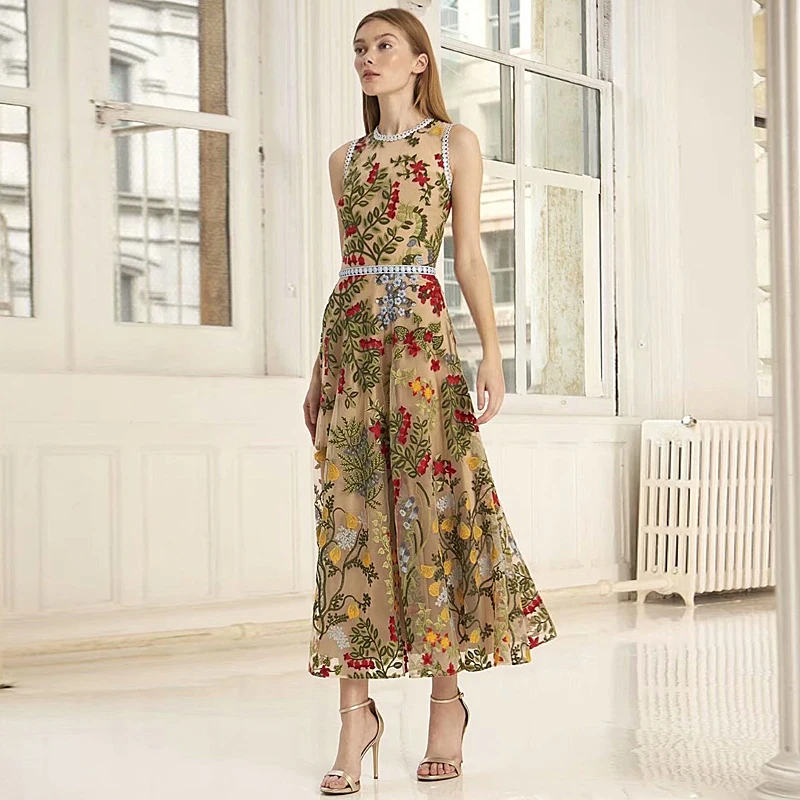 

XF Rose Handmade Embroidery Cutout Retro Sleeveless High Waist Mesh Embroidery Retro Party High Quality 2019 Summer Dresses