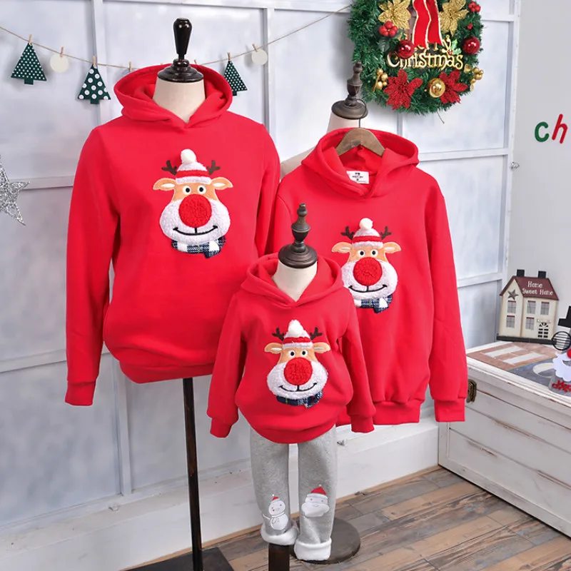 Зимняя Одинаковая одежда для всей семьи; футболка с рождественским оленем для папы, мамы и ребенка; толстовки из флиса; теплая одежда «Мама и я»; детские свитера - Цвет: Red
