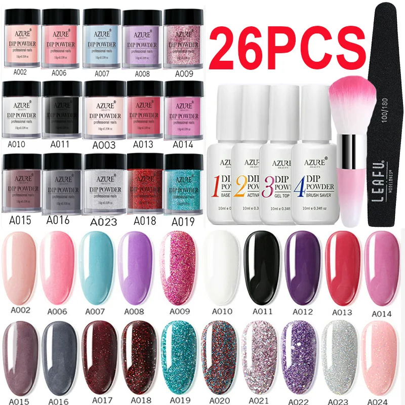 

Azure Beauty 26Pcs/Lot Full Set Glitter Nail Dipping Powder Set Gradient Color Holo Dip Powder Nail Glitter Decorations Base Top