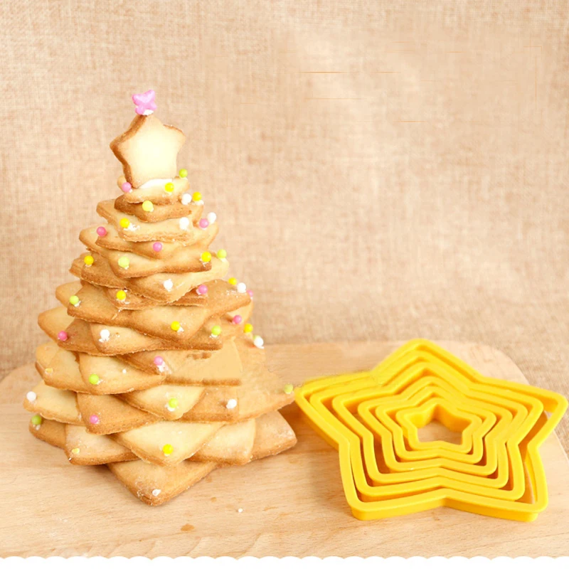 

6PCS Multi-style Plastic Star Cookie Cutter Fondant Embosser Cake Cutter Mold Kitchen Xmas Tree Shape Biscuit Maker